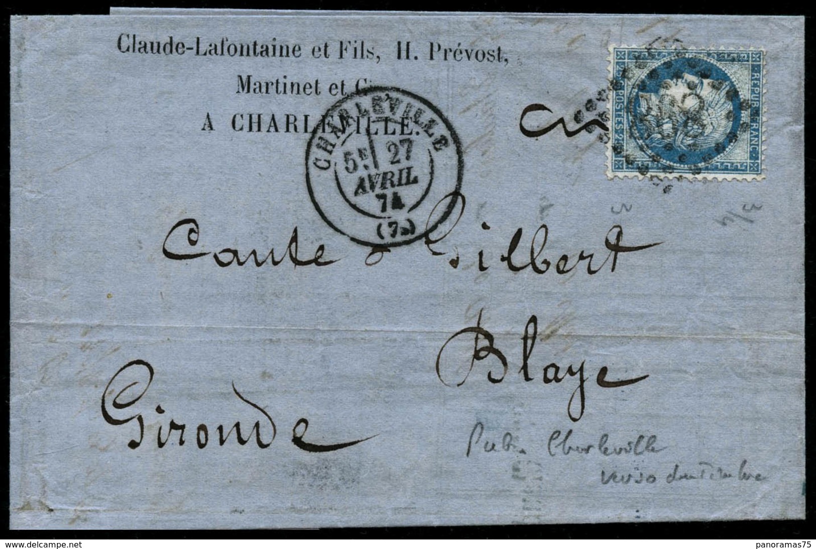 Lettre N°60B 25c Bleu, Type II Publicité Claude Lafontaine Au Verso S/lettre 27/04/74 - TB - 1871-1875 Ceres