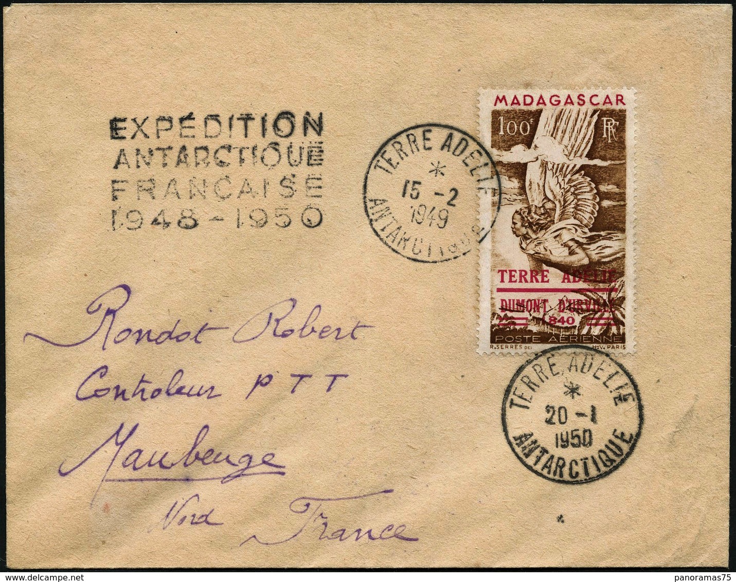 Lettre N°1 100F Brun Jaune Et Rouge S/lettre, Obl 2 Cachets 15/2/49 Et 20/1/50 Cachet Au Verso Maubeuge - Airmail