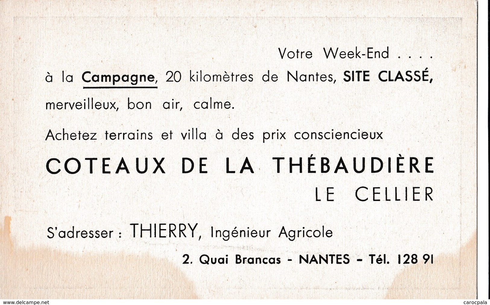 Carte 1930  VUE GENERALE COTEAUX DE LA THEBAUDIERE LE CELLIER(publicité Terrains Thierry Ingénieur Agricole) - Le Cellier