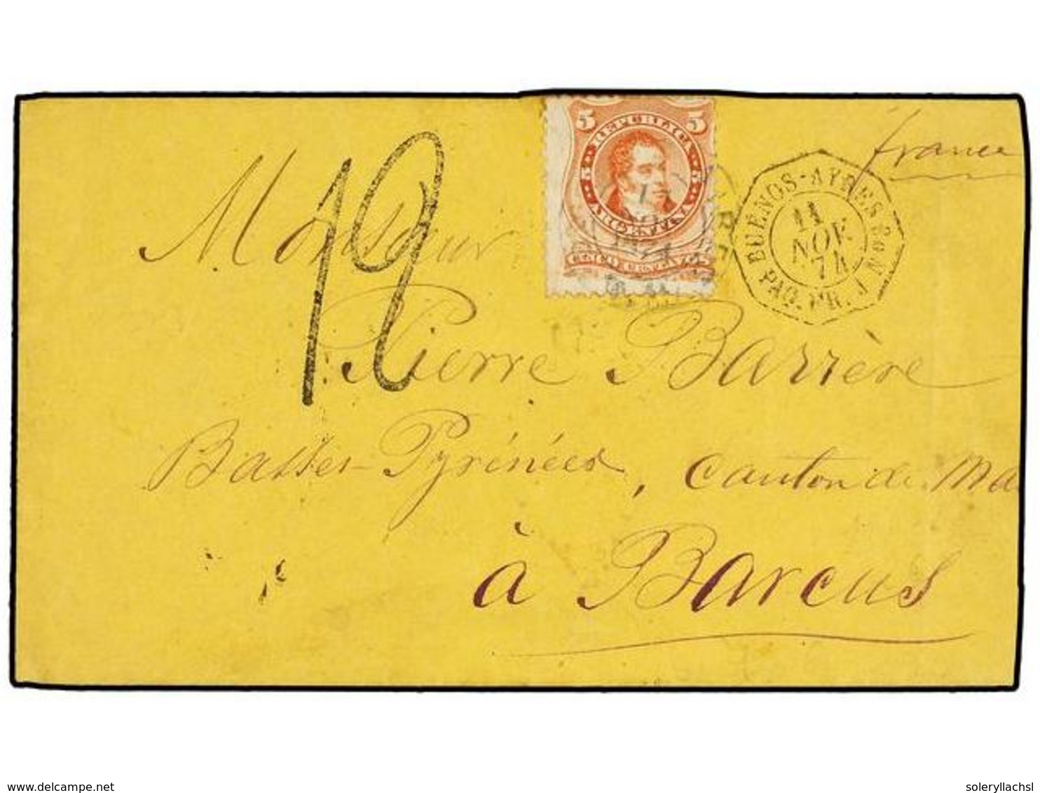 18 ARGENTINA. 1874. BUENOS AIRES A FRANCIA. <B>5 Cts.</B> Rojo, Fechador Octogonal Marítimo Francés <B>BUENOS AYRES/PAQ. - Altri & Non Classificati