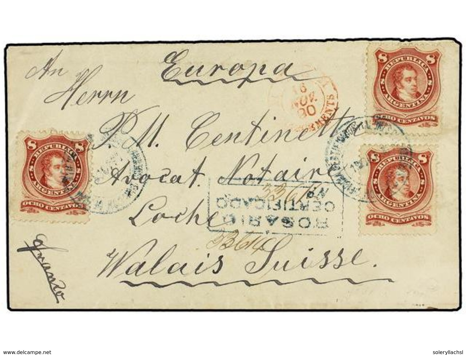 21 ARGENTINA. Sc.39 (3). 1890. ROSARIO A SUIZA. <B>8 Ctvos.</B> Carmín (3). Carta Certificada. Al Dorso Llegada. - Other & Unclassified