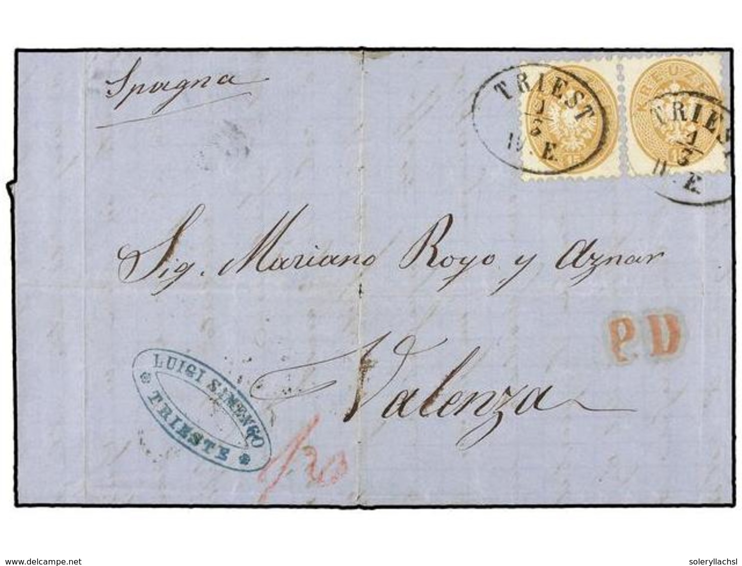 23 AUSTRIA. 1866. TRIEST A VALENCIA (España). <B>15 Kr. </B>castaño Claro (2). Magnífica, Rara Destinación. <BR> - Autres & Non Classés