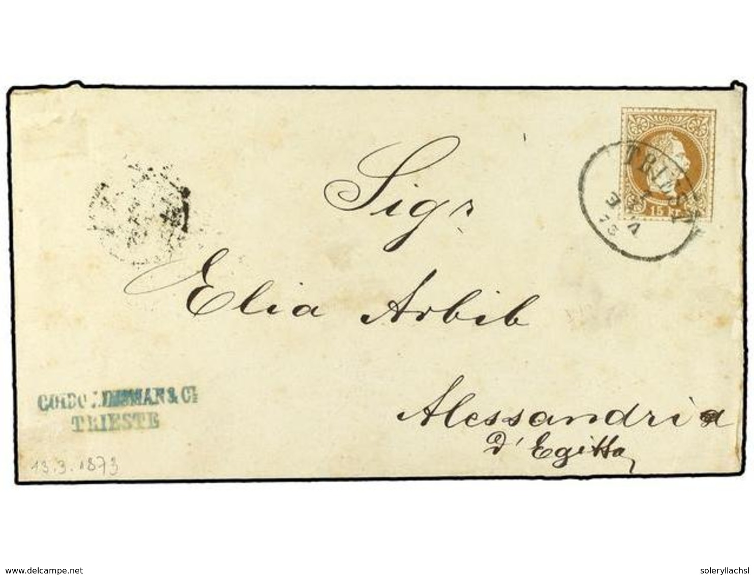 24 AUSTRIA. 1873. Postal Stationary Envelope <B>15 Kr.</B> Brown Cancelled By<B> TRIESTE</B> Oval Datestamp Addressed To - Andere & Zonder Classificatie