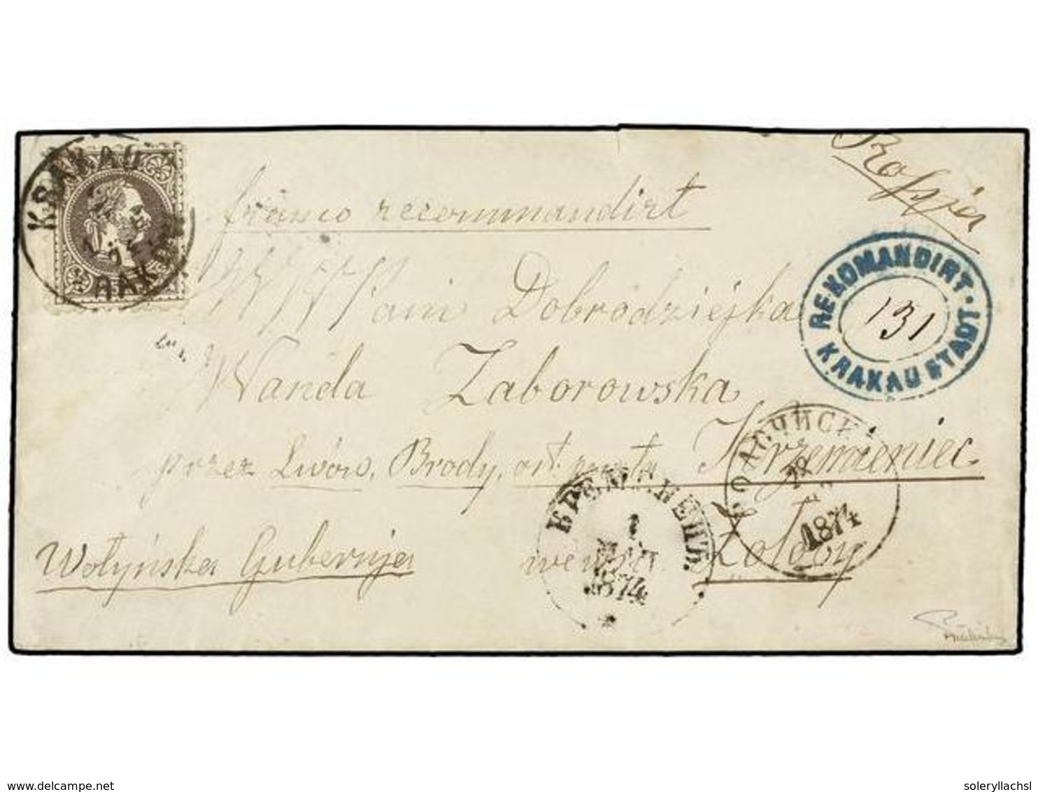 25 AUSTRIA. Sc.32. 1874. Registered Cover From KRAKAU (Poland) Addressed 'via Lvov, Brody' To RUSSIA Franked By Single 1 - Autres & Non Classés