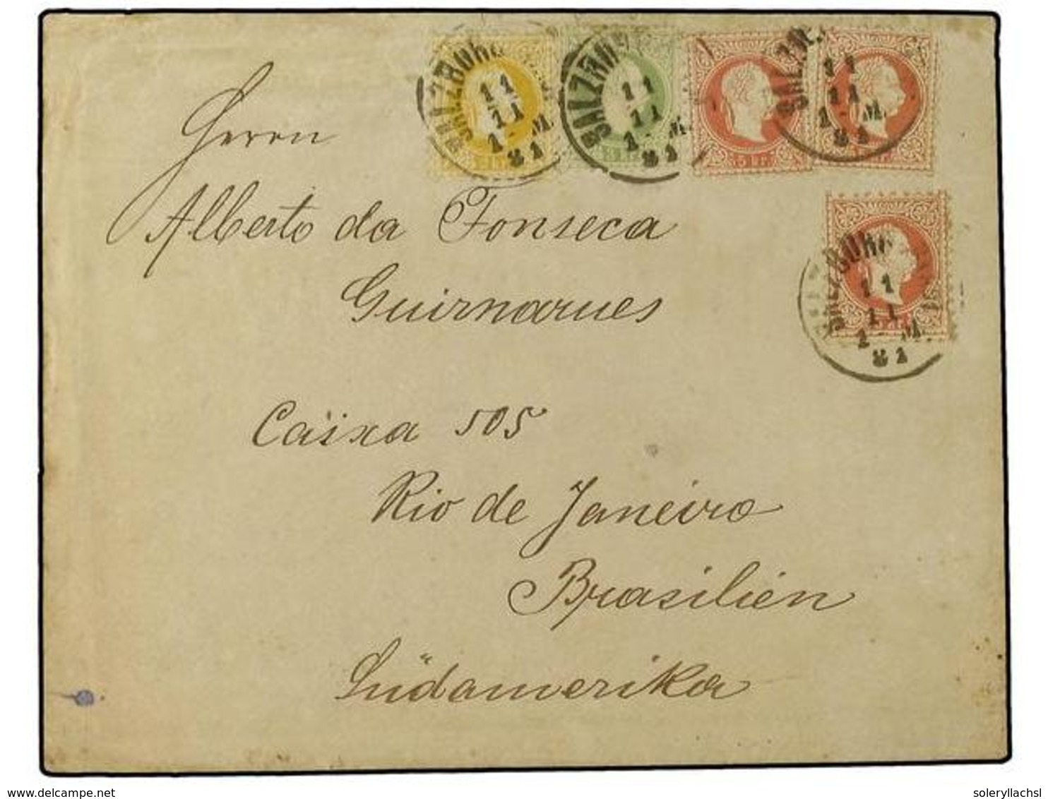 27 AUSTRIA. 1881 (Nov 11). Cover To Rio De Janeiro, Brazil With Three Colour Franking Of 1874-77 <B>2kr</B>. Yellow, <B> - Other & Unclassified