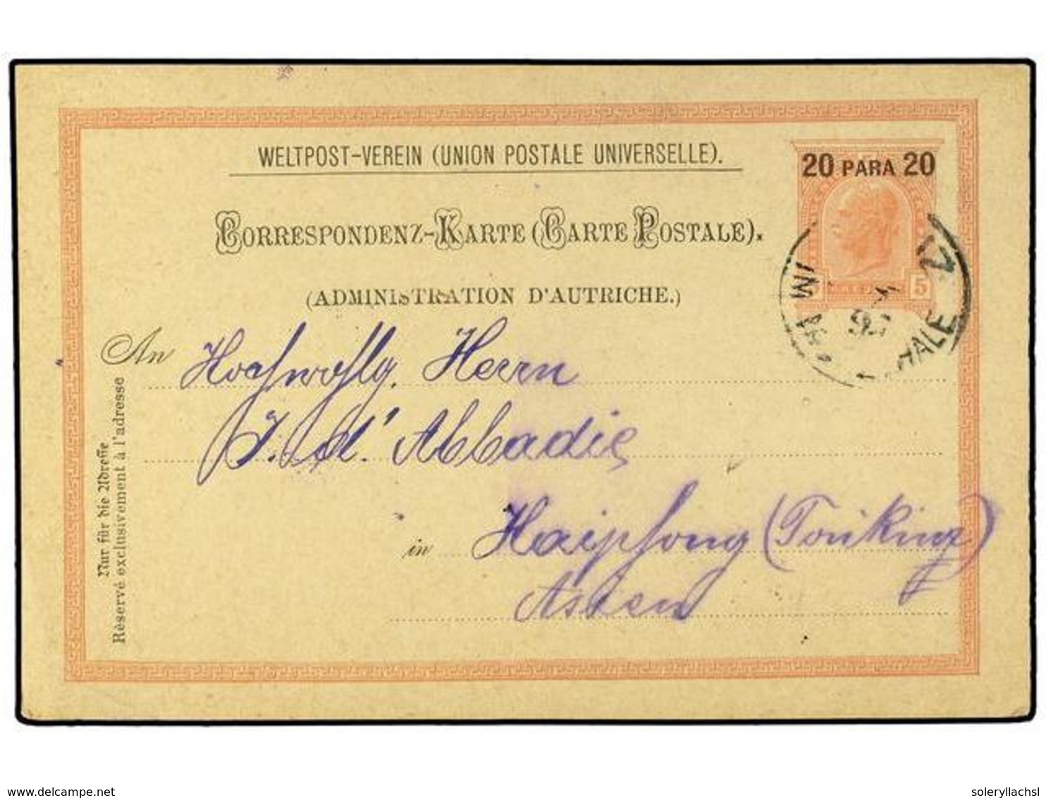 30 AUSTRIA. 1897. STANZ MURZ (Austria) To HAIPONG (Indochina). Austria-Levant Postal Stationary <B>20 Pa.</B> <B>on 5 He - Andere & Zonder Classificatie