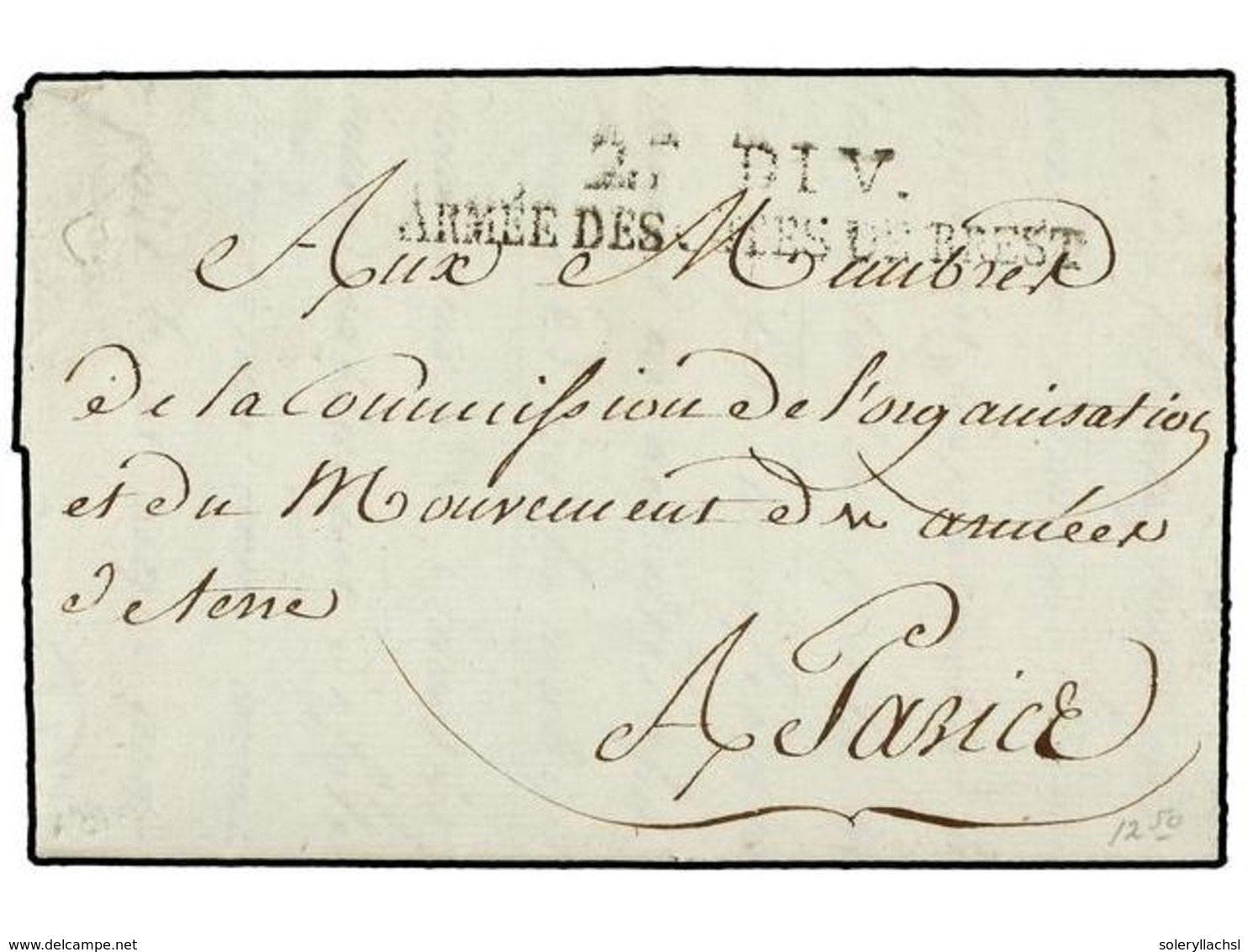 33 BELGICA. 1794 (26 Germinal). LAVAL A PARÍS. Marca<B> 2A. DIV./ARMEE DES COTES DE BREST.</B> MUY BONITA. - Sonstige & Ohne Zuordnung