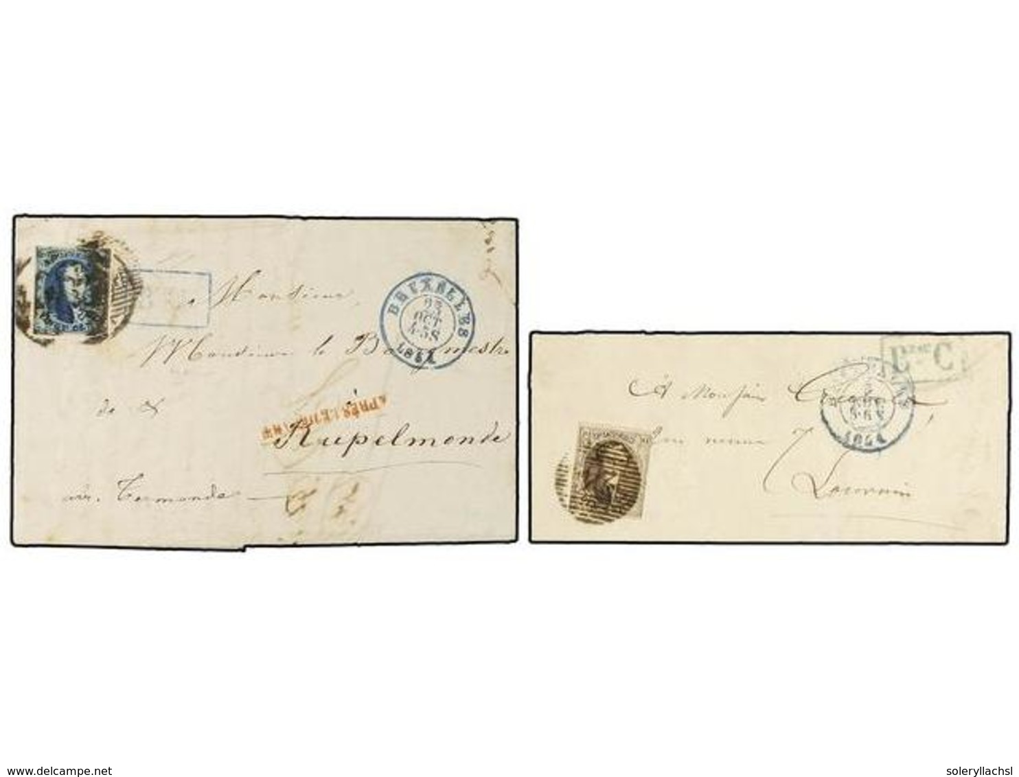 39 BELGICA. Of.6, 7. 1851. TWO Covers Franked With <B>10 Cts.</B> Brown And <B>20 Cts.</B> Blue. <B>BRAF C </B>and <B>BR - Autres & Non Classés