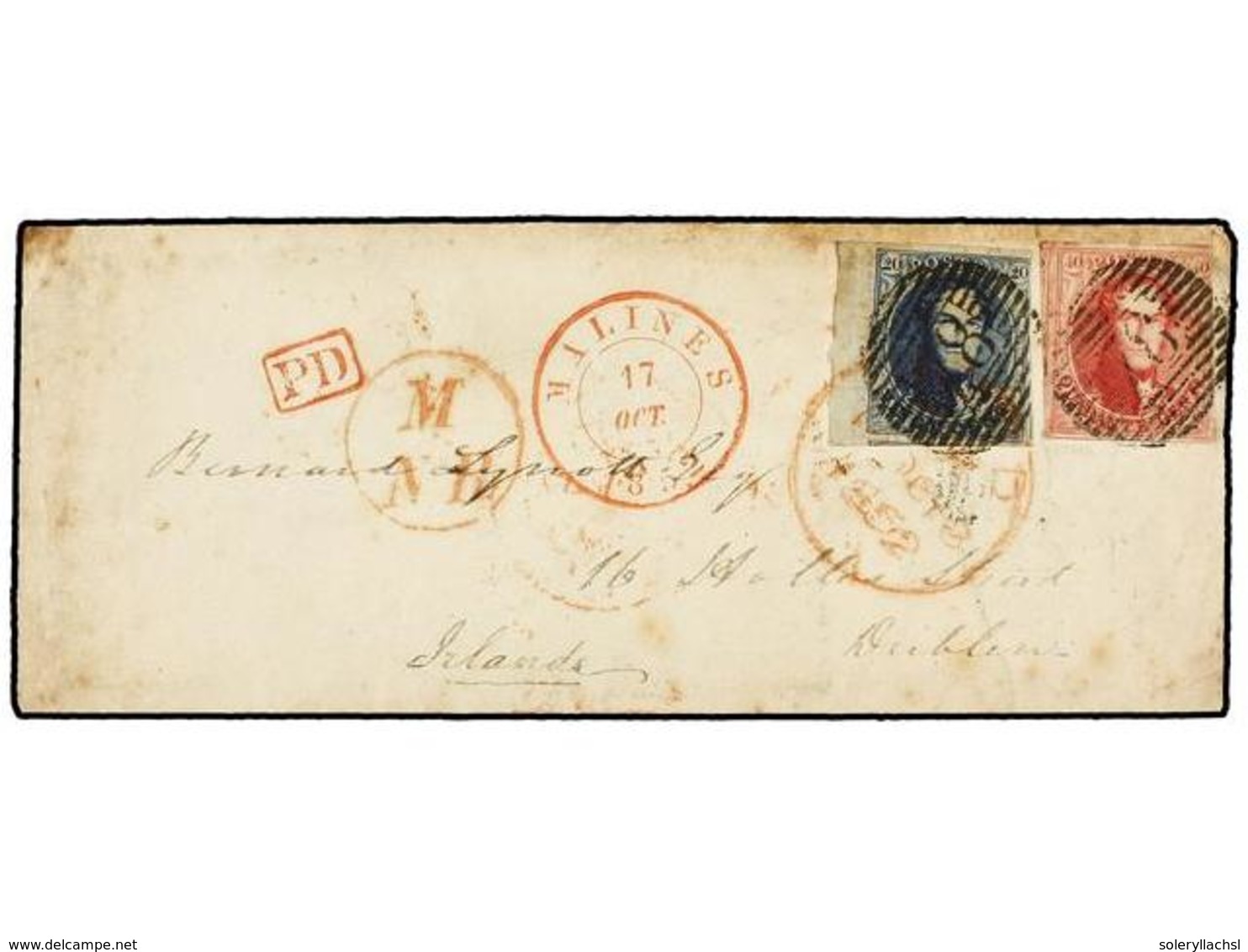 42 BELGICA. Of.7, 8. 1852. MALINES To DUBLIN (Ireland). Envelope Franked With <B>20 Cts.</B> Blue And <B>40 Cts. </B>ros - Andere & Zonder Classificatie