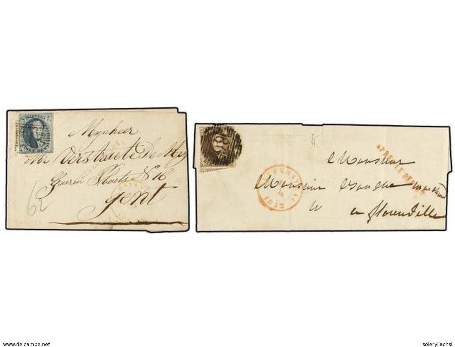 44 BELGICA. 1852. TWO Covers With <B>10 Cts.</B> And <B>20 Cts.</B> Franking. Lineal <B>APRES LE DEPART</B> Marks. Fault - Altri & Non Classificati