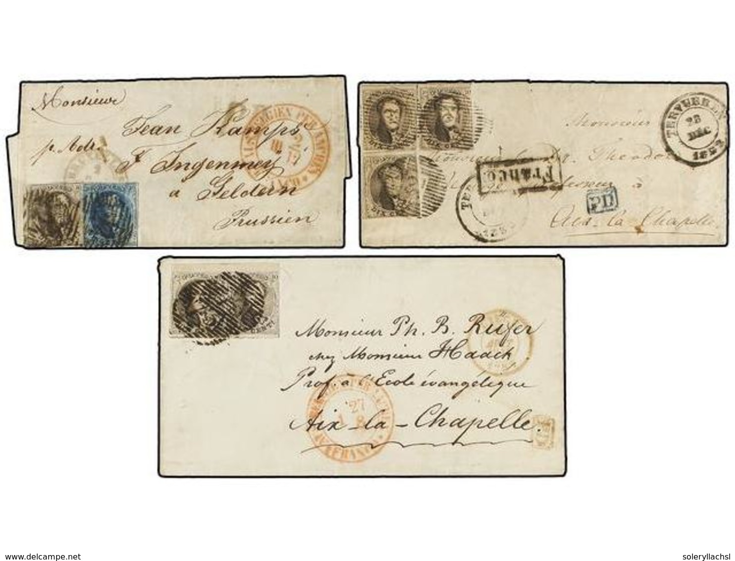 45 BELGICA. 1852-57. FIVE Covers To GERMANY. <B>10 + 10 Cts.</B>, <B>20 Cts.</B>, <B>10 + 10 + 10 Cts.</B>, <B>10 + 20 C - Andere & Zonder Classificatie