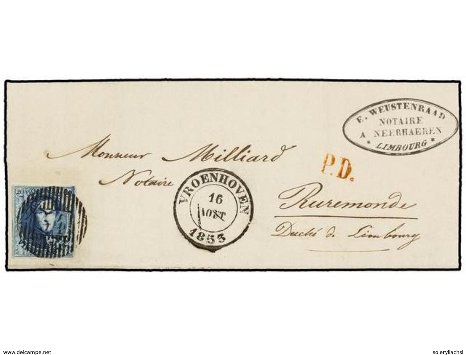 47 BELGICA. 1853. VROENHOVEN To ROERMOND (Holland). Entire Letter Franked With <B>20 Cts.</B> Blue Stamp, Tied By <B>54  - Sonstige & Ohne Zuordnung