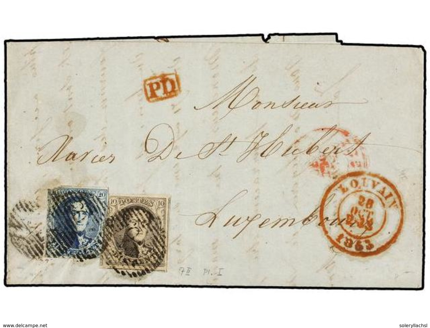 49 BELGICA. Of.7, 8. 1853. LOUVAIN To LUXEMBOURG. Entire Letter Franked With <B>10 Cts.</B> Brown And <B>20 Cts.</B> Blu - Autres & Non Classés