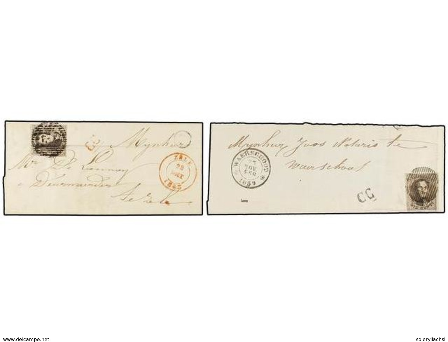 50 BELGICA. Of.6 (2). 1853-59. TWO Covers (one Front Only) Franked With <B>10 Cts.</B> Brown Stamps. <B>CC </B>(Correspo - Autres & Non Classés