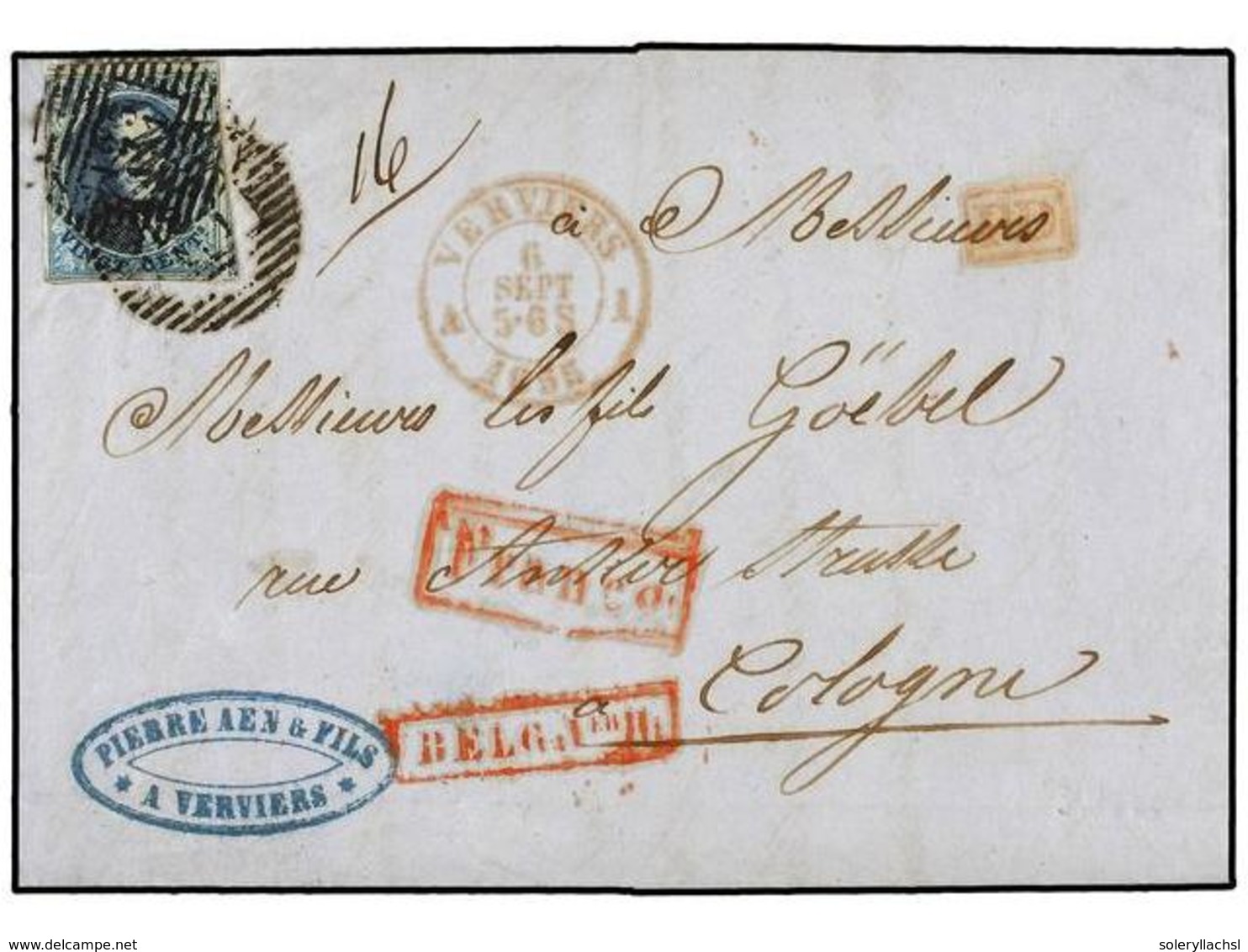 52 BELGICA. Of.7. 1855. VERVIERS To COELN (Germany). Entire Letter Franked With <B>20 Cts.</B> Blue Stamp. Reduced Rate. - Andere & Zonder Classificatie