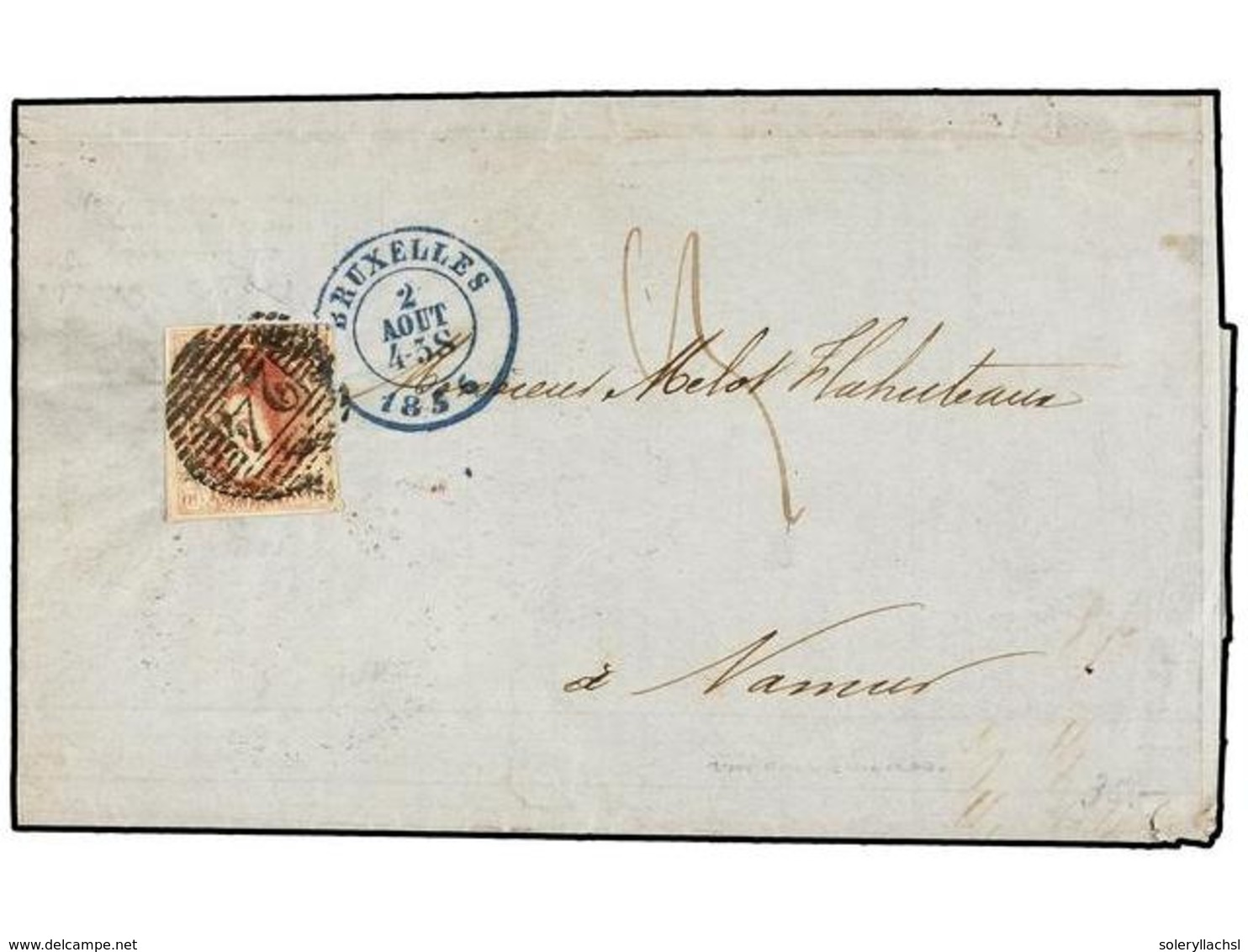 54 BELGICA. Of.8. 1856. BRUXELLES To NAMUR. Folded Letter Franked With <B>40 Cts.</B> Red, Complete Margins, Tied By <B> - Altri & Non Classificati