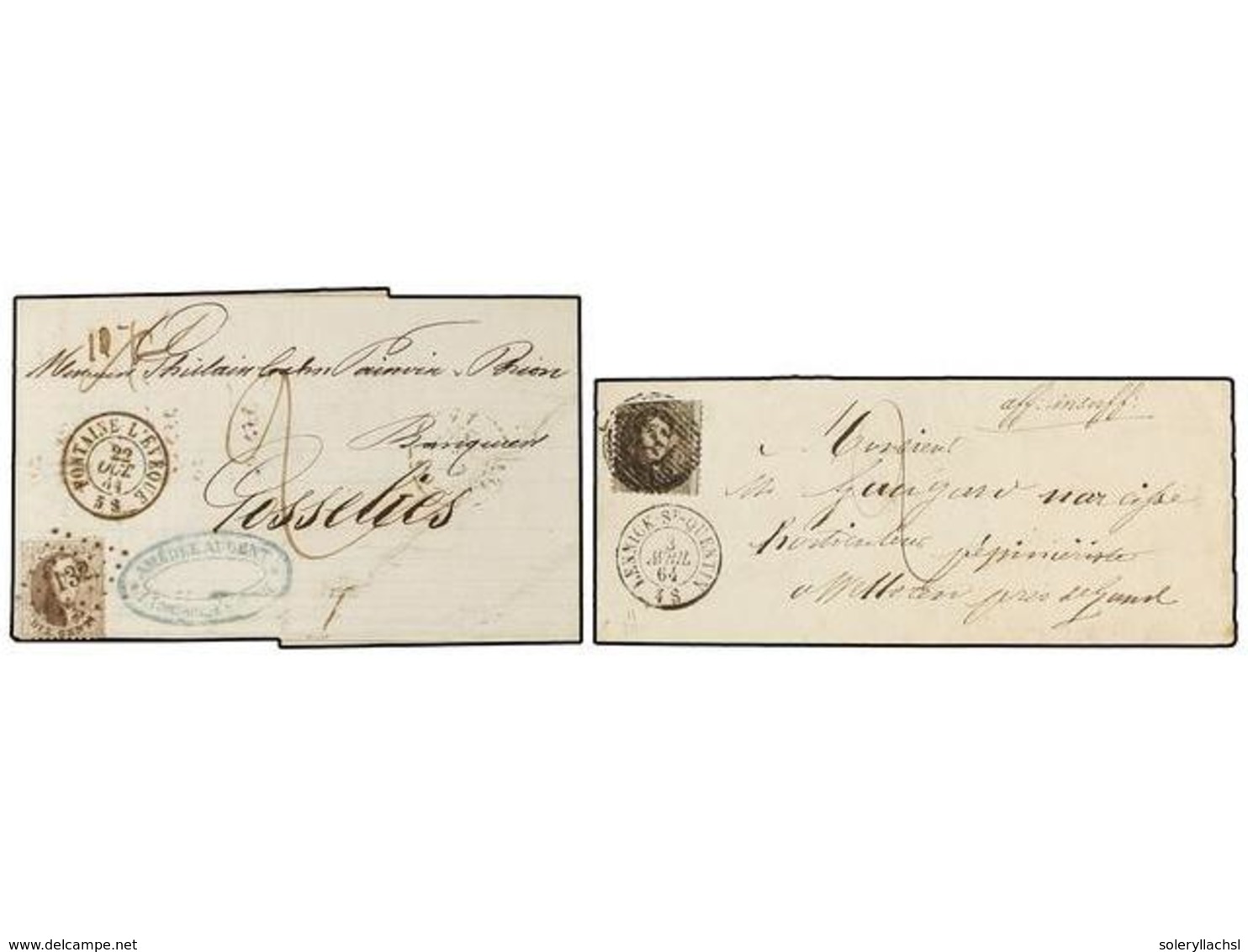 55 BELGICA. Of.14 (2). 1864. TWO Covers Franked With <B>10 Cts.</B>  Brown Stamps. <B>AFFRANCHISSEMENT INSUFFISANT.</B> - Sonstige & Ohne Zuordnung