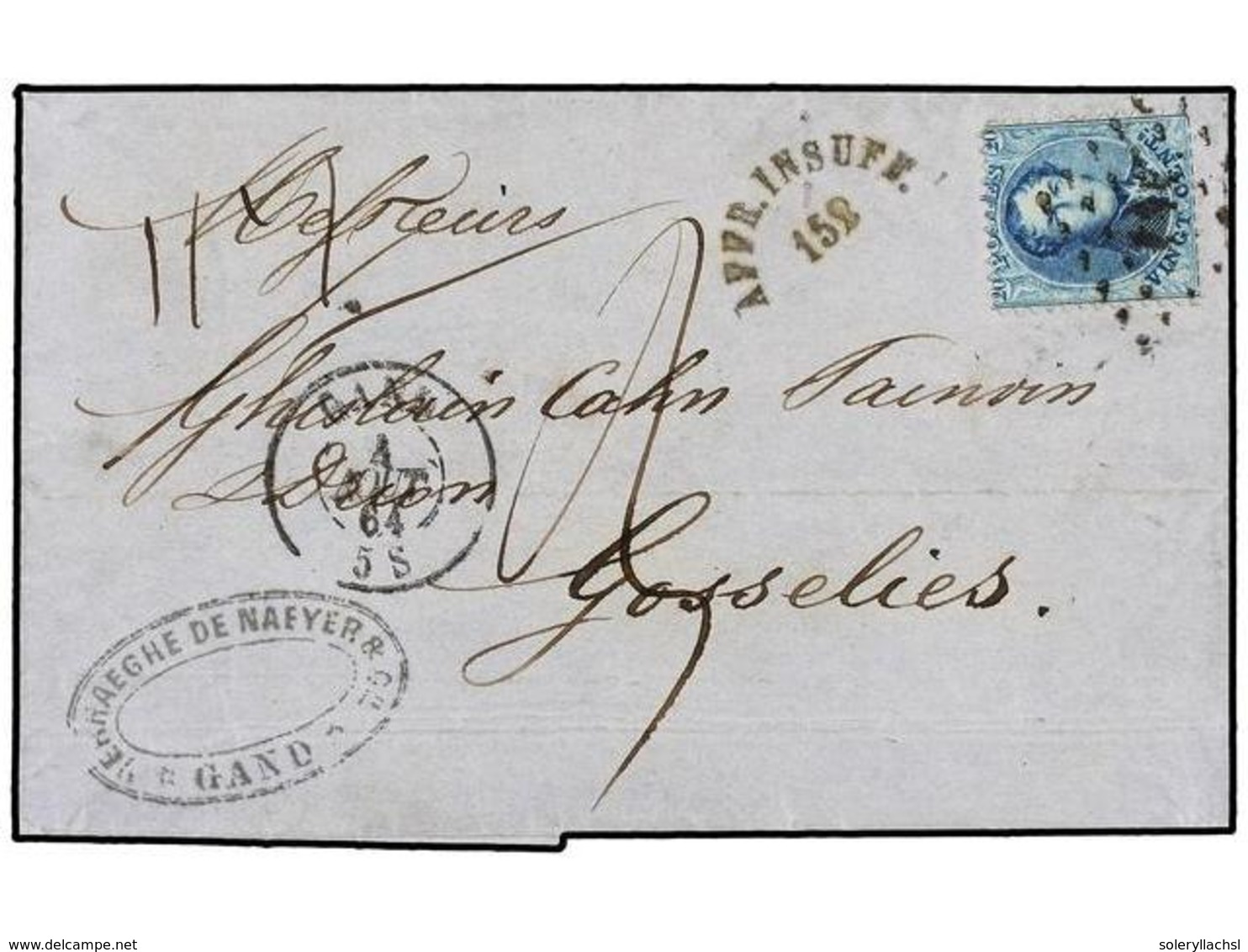 57 BELGICA. Of.15. 1864. GAND To GOSSELIES. Folded Letter Franked With <B>20 Cts.</B> Clue Stamp. <B>AFFR. INSUFF.</B> R - Andere & Zonder Classificatie