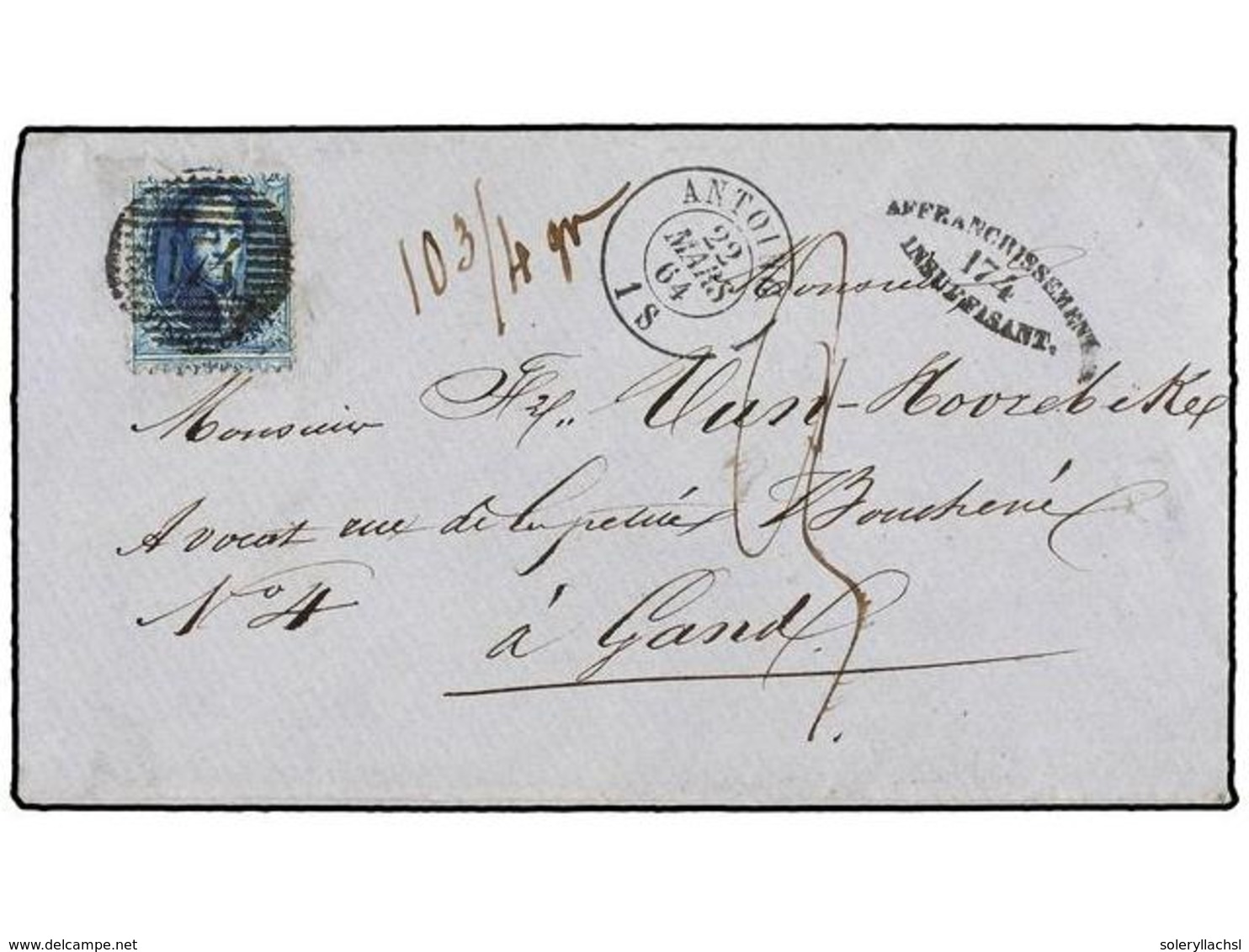 58 BELGICA. Of.15. 1864. ANTOING To GAND. Envelope Franked With <B>20 Cts. </B>blue Stamp. <B>AFFRANCHISSEMENT INSUFFISA - Autres & Non Classés