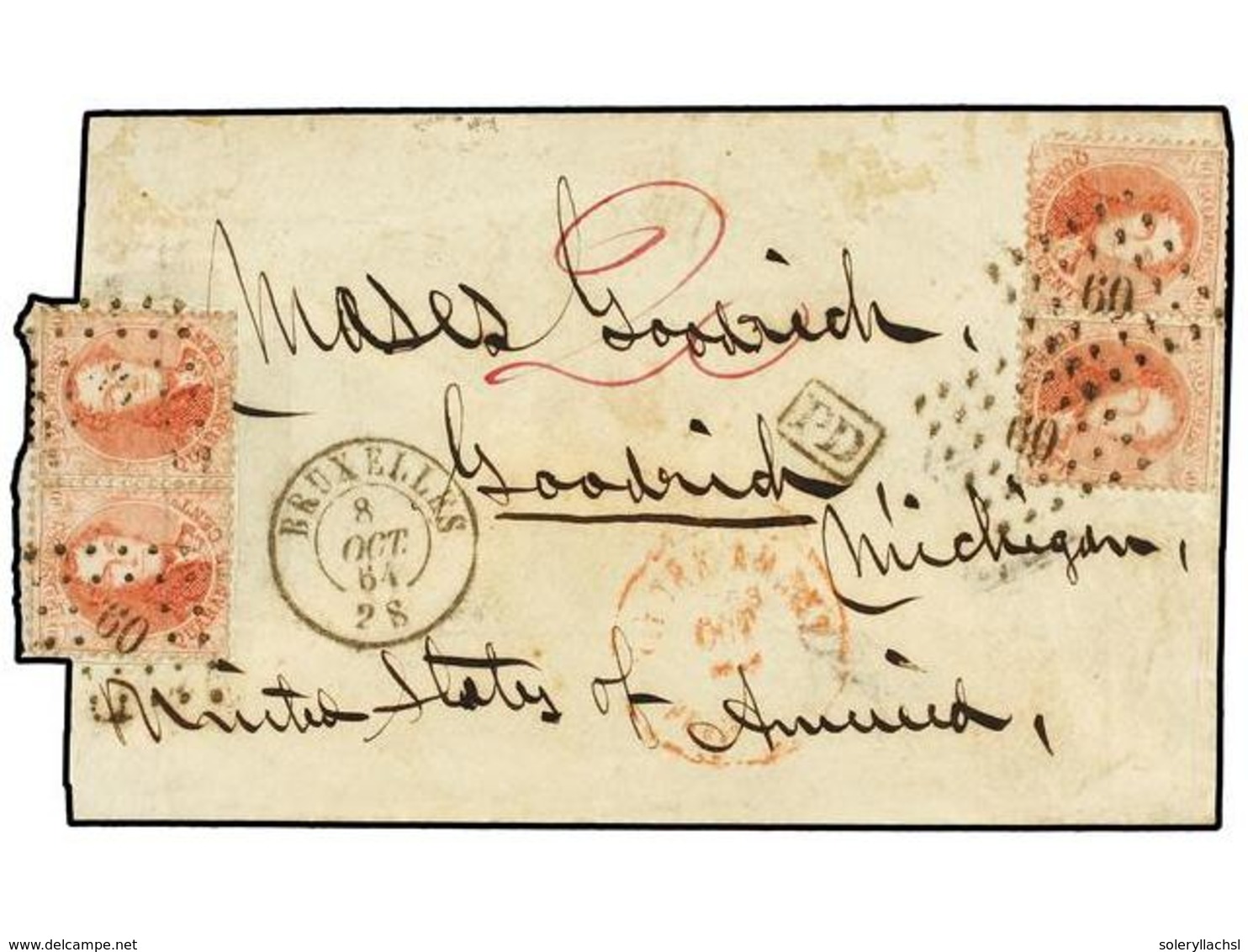 60 BELGICA. 1864. BRUXELLES To U.S.A. Folded Letter Franked With Four <B>40 Cts.</B> Red Stamps. Envelope Cut Left Side. - Andere & Zonder Classificatie