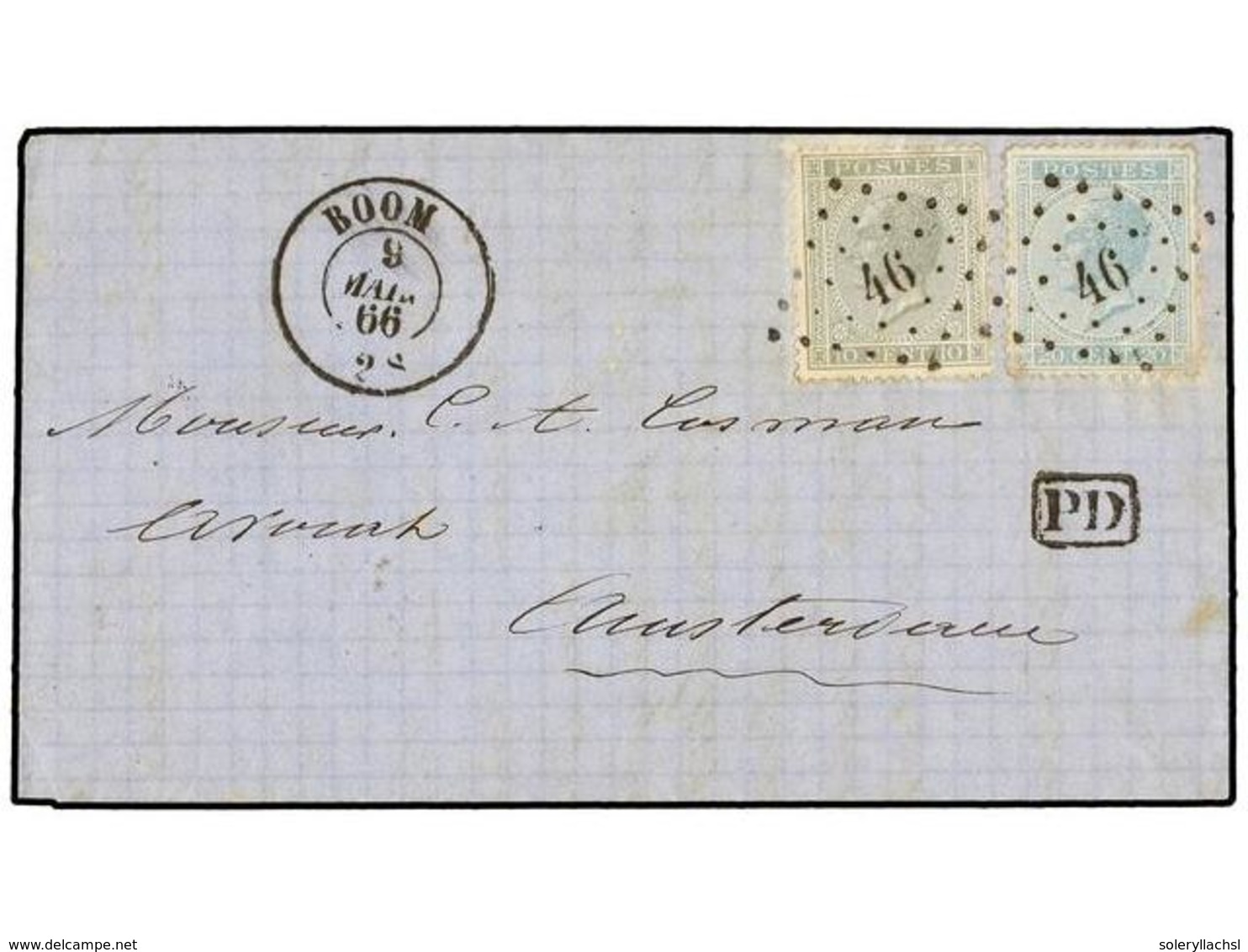 64 BELGICA. Of.17, 18. 1866. BOOM To AMSTERDAM. Folded Letter Franked With <B>10 Cts.</B> Grey And <B>20 Cts.</B> Blue,  - Other & Unclassified