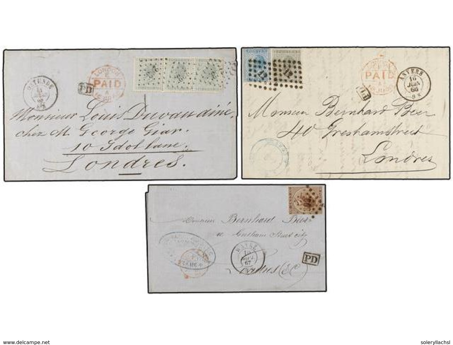 69 BELGICA. 1866-68. THREE Covers To GREAT BRITAIN With <B>10+10+10 Cts., 30 Cts.</B> And <B>20+10 Cts.</B> Frankings. - Sonstige & Ohne Zuordnung