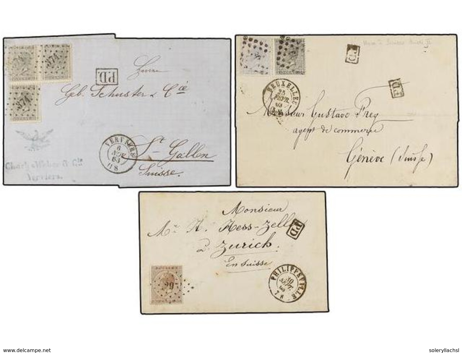 71 BELGICA. 1866-69. THREE Covers To SWITZERLAND With <B>30 Cts.</B>, <B>10+20 Cts.</B> And <B>10+10+10 Cts.</B> Frankin - Sonstige & Ohne Zuordnung