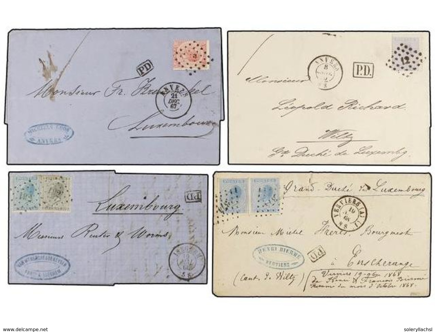 75 BELGICA. 1866-70. FOUR Covers To LUXEMBOURG With <B>20 Cts., 20+10 Cts., 20+20 Cts.</B> And <B>40 Cts.</B> Frankings. - Other & Unclassified