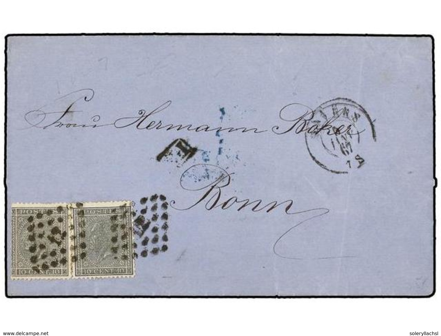 76 BELGICA. Of.17 (2). 1867. ANVERS To BONN (Germany). Folded Letter Franked With Two <B>10 Cent.</B> Grey-black (nice S - Other & Unclassified