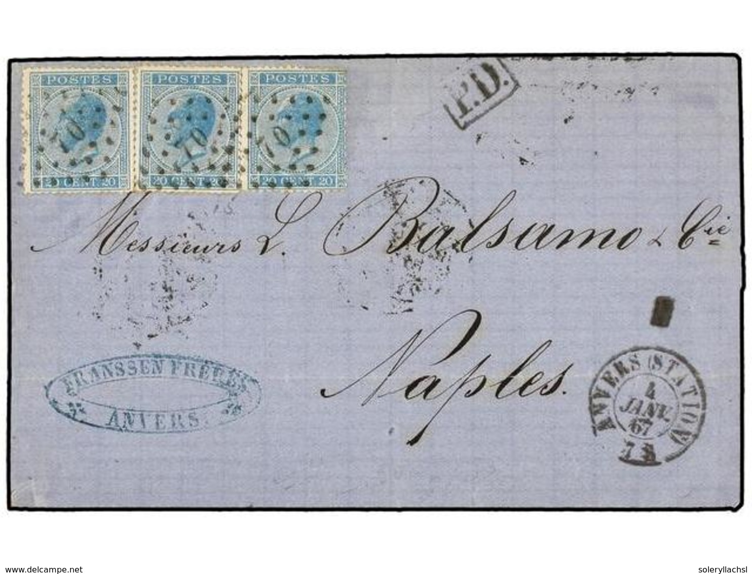 78 BELGICA. Of.18 (3). 1867. ANVERS To NAPOLI. Folded Letter Franked With Three <B>20 Cts.</B> Blue Stamps, Tied By <B>7 - Andere & Zonder Classificatie