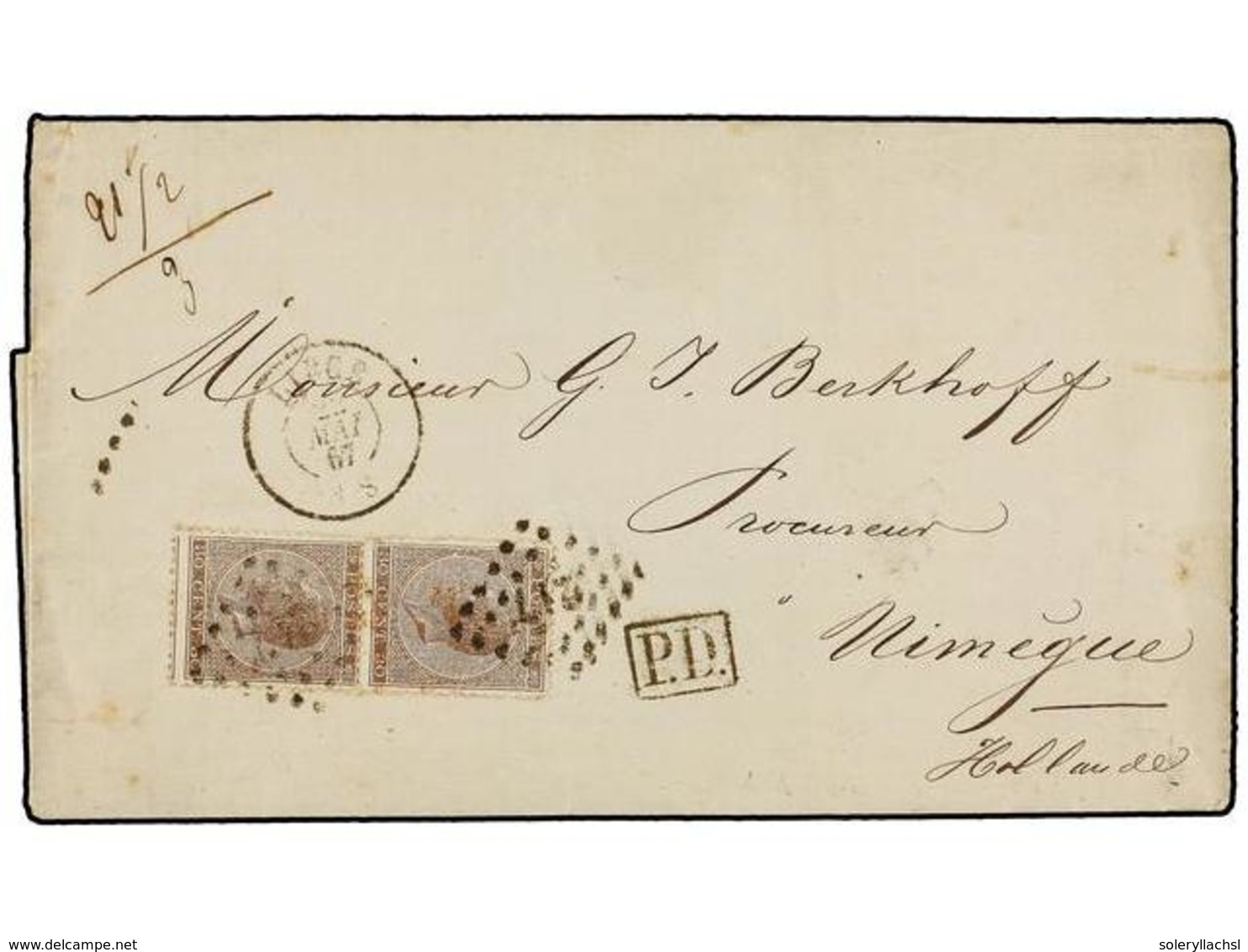 80 BELGICA. Of.19 (2). 1867. LIEGE To NIMEGUE (Holland). Folded Letter Franked With Two <B>30 Cts.</B> Brown, Tied By <B - Other & Unclassified