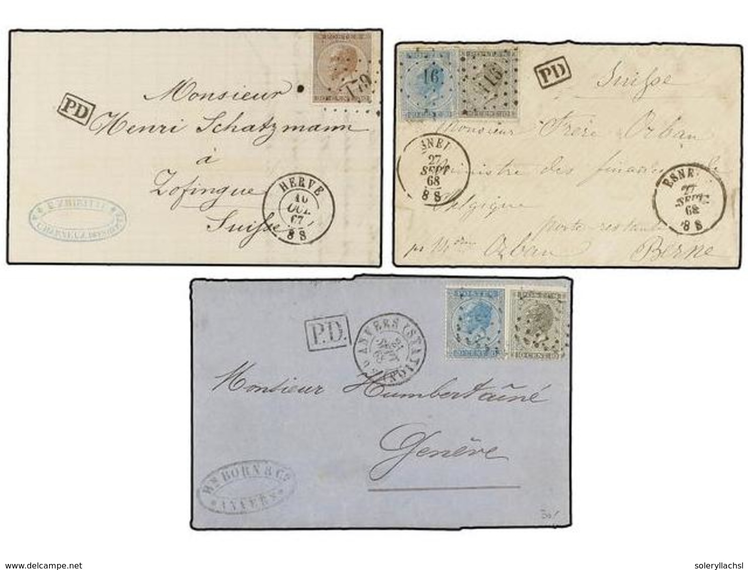 82 BELGICA. 1867-68. THREE Covers To SWITZERLAND With <B>10 + 20 Cts.</B> (2) And <B>30 Cts.</B> Frankings. - Autres & Non Classés