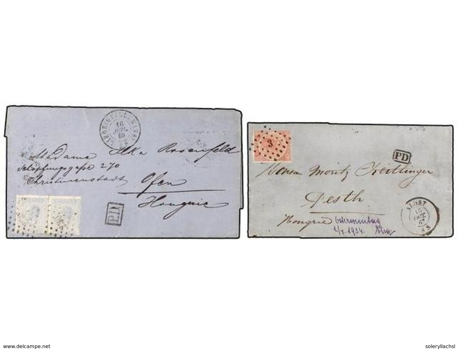 83 BELGICA. 1867-69. TWO Covers To HUNGARY Wiht <B>40 Cts.</B> And <B>20+20 Cts.</B> (fault) Frankings. - Andere & Zonder Classificatie