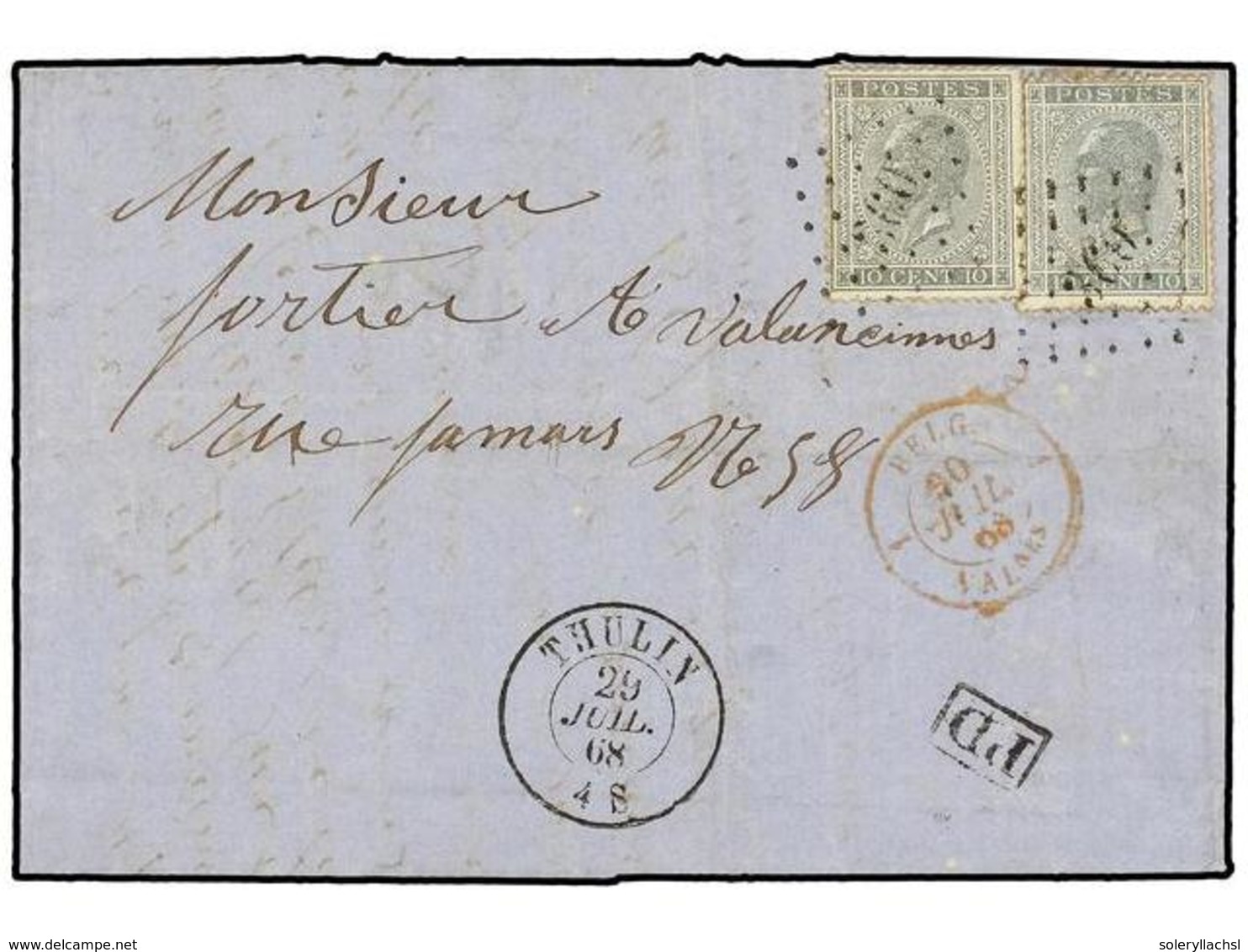 85 BELGICA. Of.17 (2). 1868. THULIN To VELENCIENNES (France). Entire Letter Franked With Two <B>10 Cts.</B> Grey Stamps. - Other & Unclassified