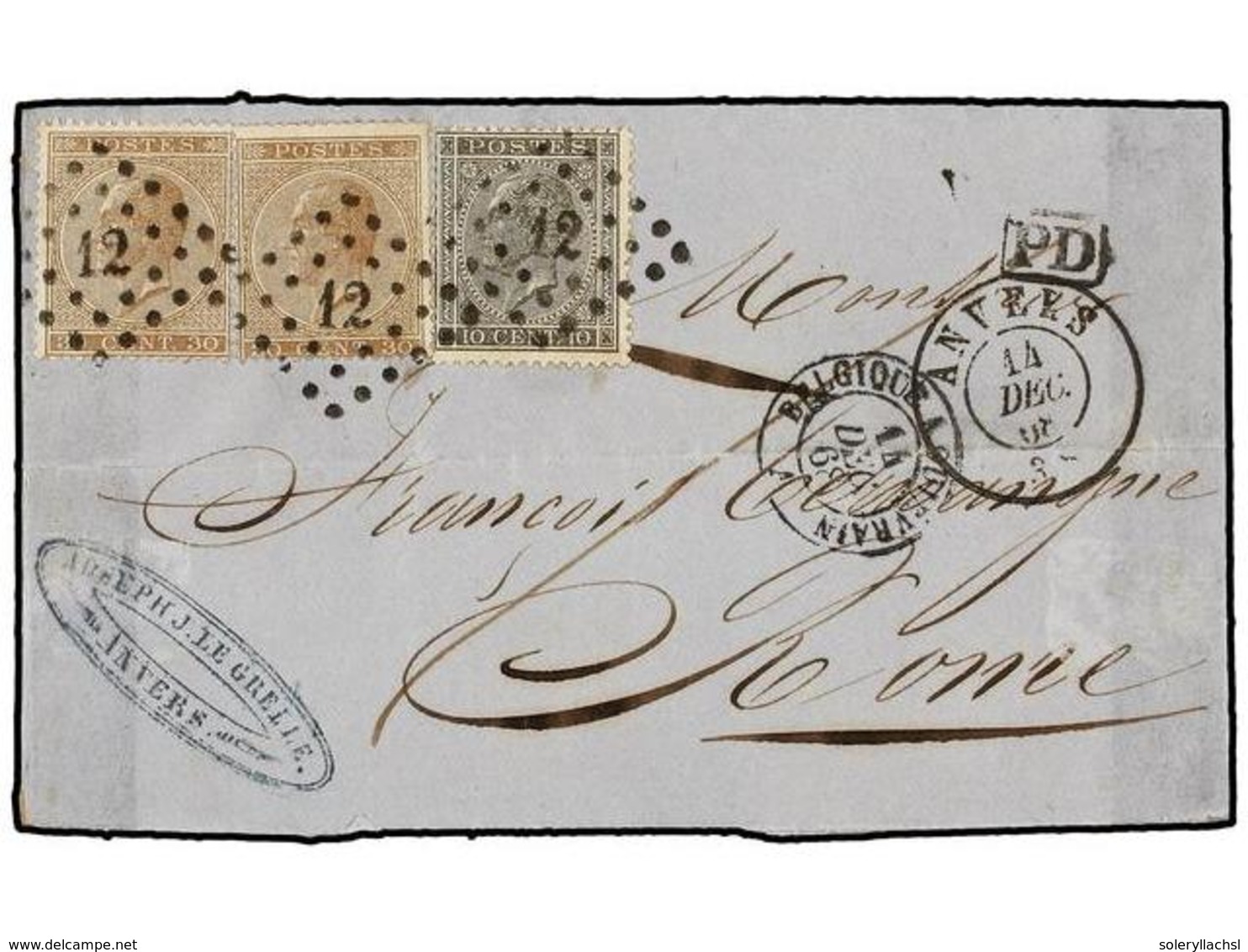 86 BELGICA. Of.17, 19 (2). 1868. ANVERS To ROME (Italy). Folded Letter Franked With <B>10 Cts.</B> Grey And Two <B>30 Ct - Other & Unclassified