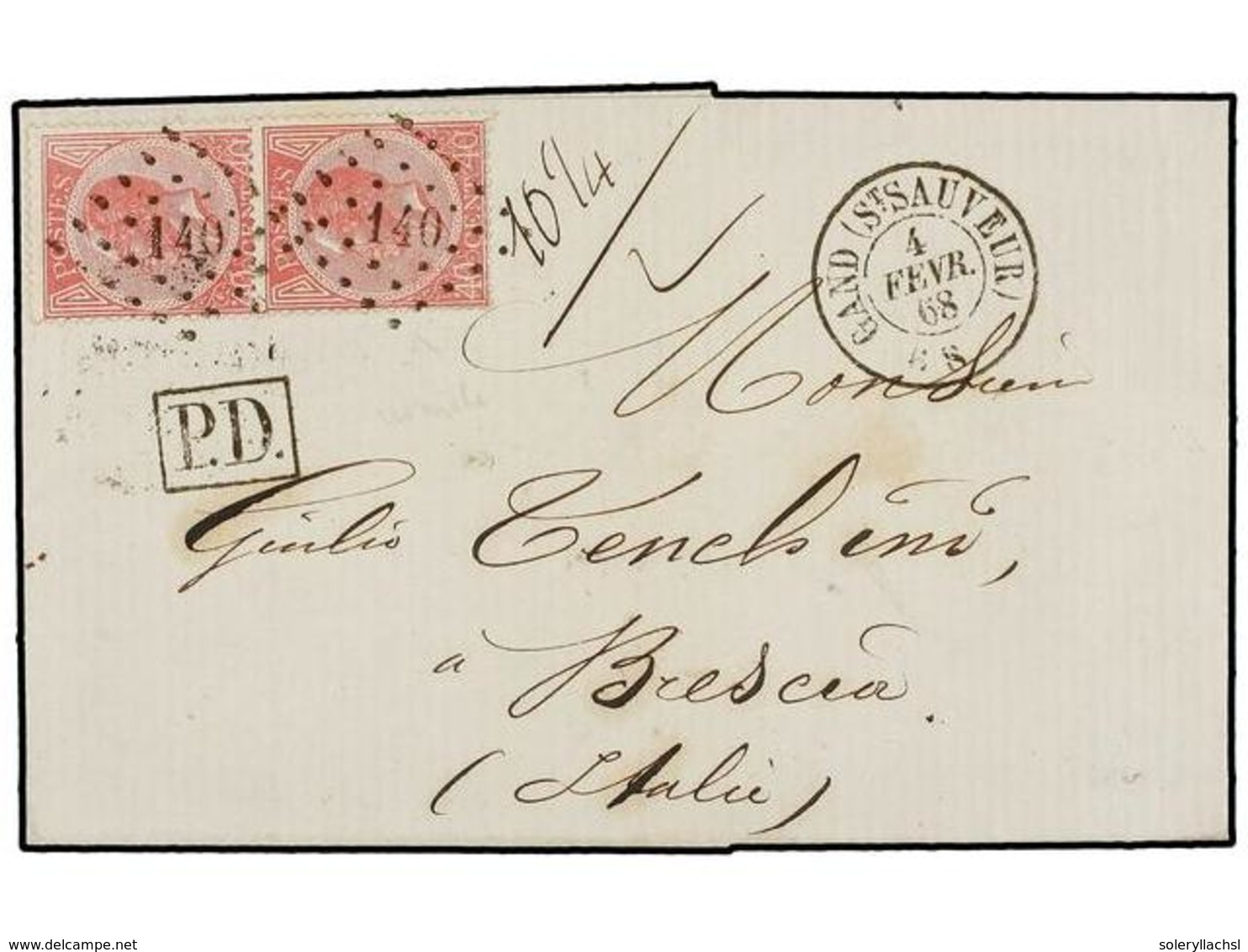 87 BELGICA. Of.20 (2). 1868. GAND To BRESCIA (Italy). Entire Letter Franked With Two <B>40 Cts.</B> Rose Stamps, Tied By - Sonstige & Ohne Zuordnung