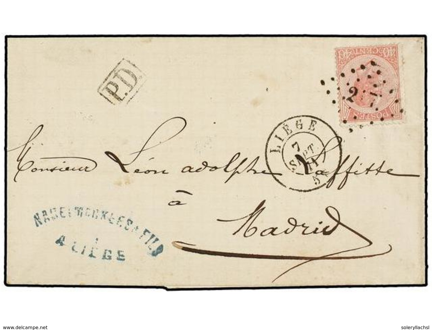 92 BELGICA. Of.20. 1871. LIEGE To MADRID (Spain). Folded Letter Franked With <B>40 Cts.</B> Rose Stamp, Bied By <B>217 G - Other & Unclassified