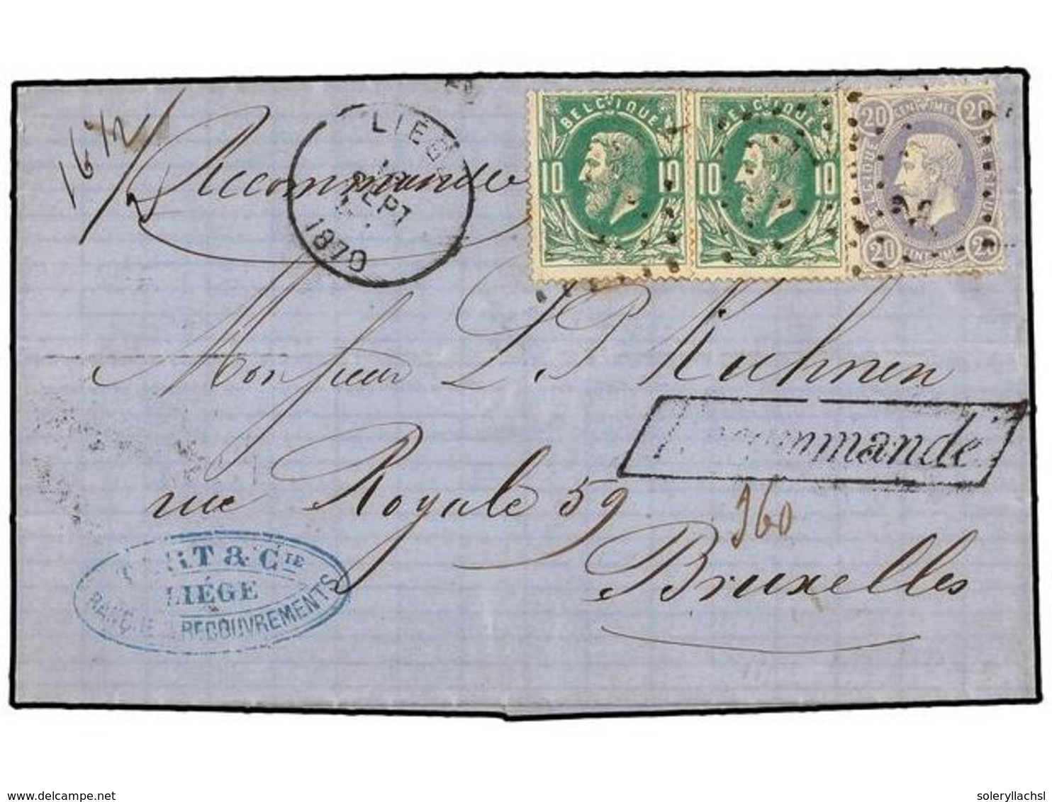 93 BELGICA. Of.30 (2), 31. 1870. LIEGE To BRUXELLES. Entire Letter Franked With Two <B>10 Cts.</B> Green And <B>20 Cts.< - Andere & Zonder Classificatie