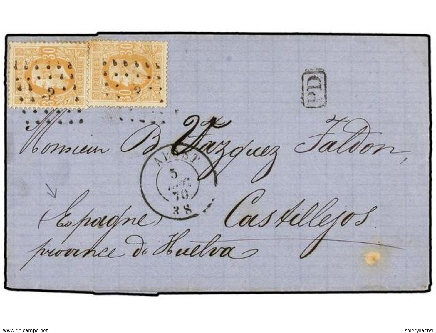 94 BELGICA. Of.33 (2). 1870. ALOST To SPAIN. Folded Letter Franked With Two <B>30 Cts.</B> Ocre Stamps, Tied By <B>'3' G - Andere & Zonder Classificatie
