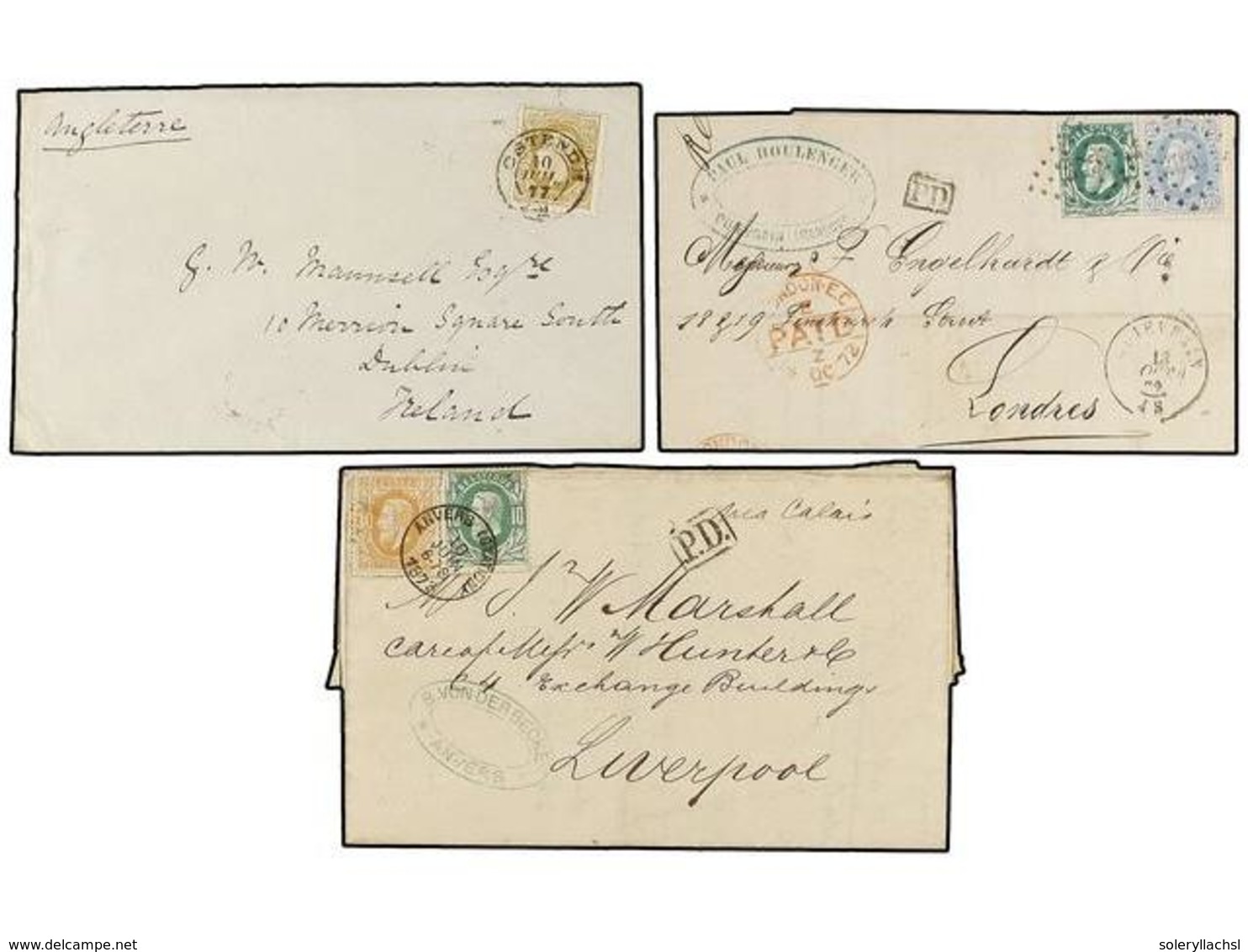 96 BELGICA. 1871-77. SIX Covers To GREAT BRITAIN With <B>25 Cts., 30 Cts., 10+30 Cts., 20+20 Cts., 10+30 Cts.</B> And <B - Other & Unclassified