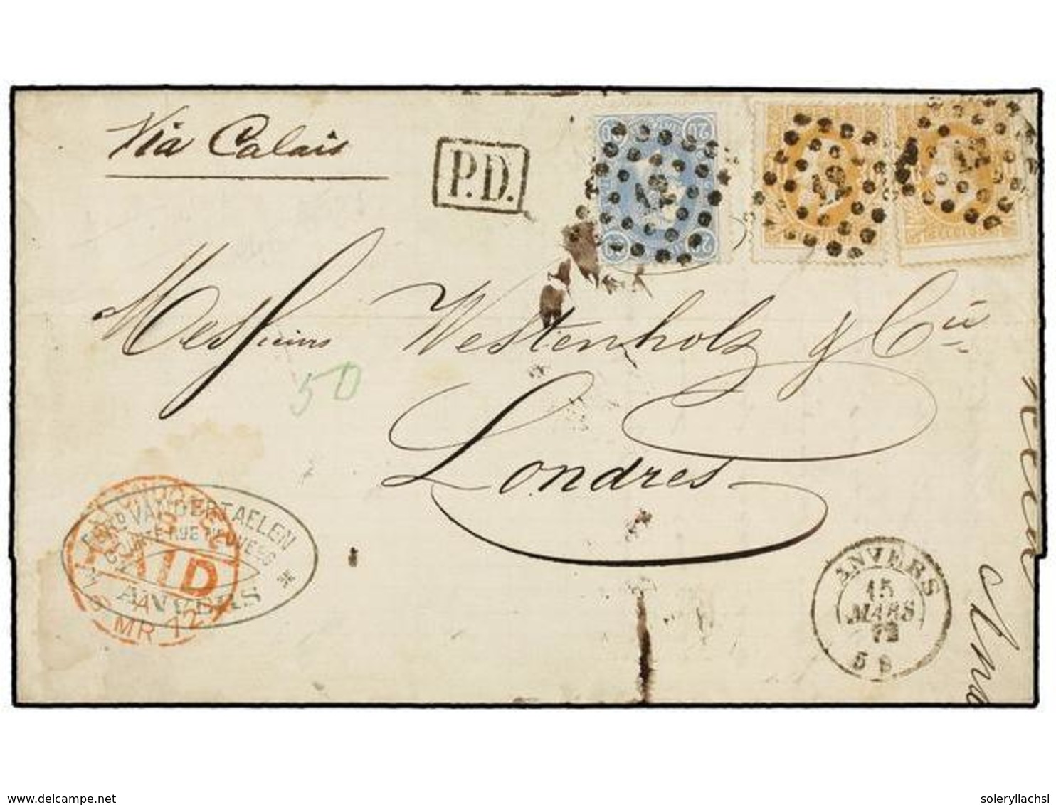 100 BELGICA. Of.31, 33 (2). 1872. ANVERS To LONDON. Folded Letter Franked With <B>20 Cts. </B>blue And Two <B>30 Cts.</B - Andere & Zonder Classificatie