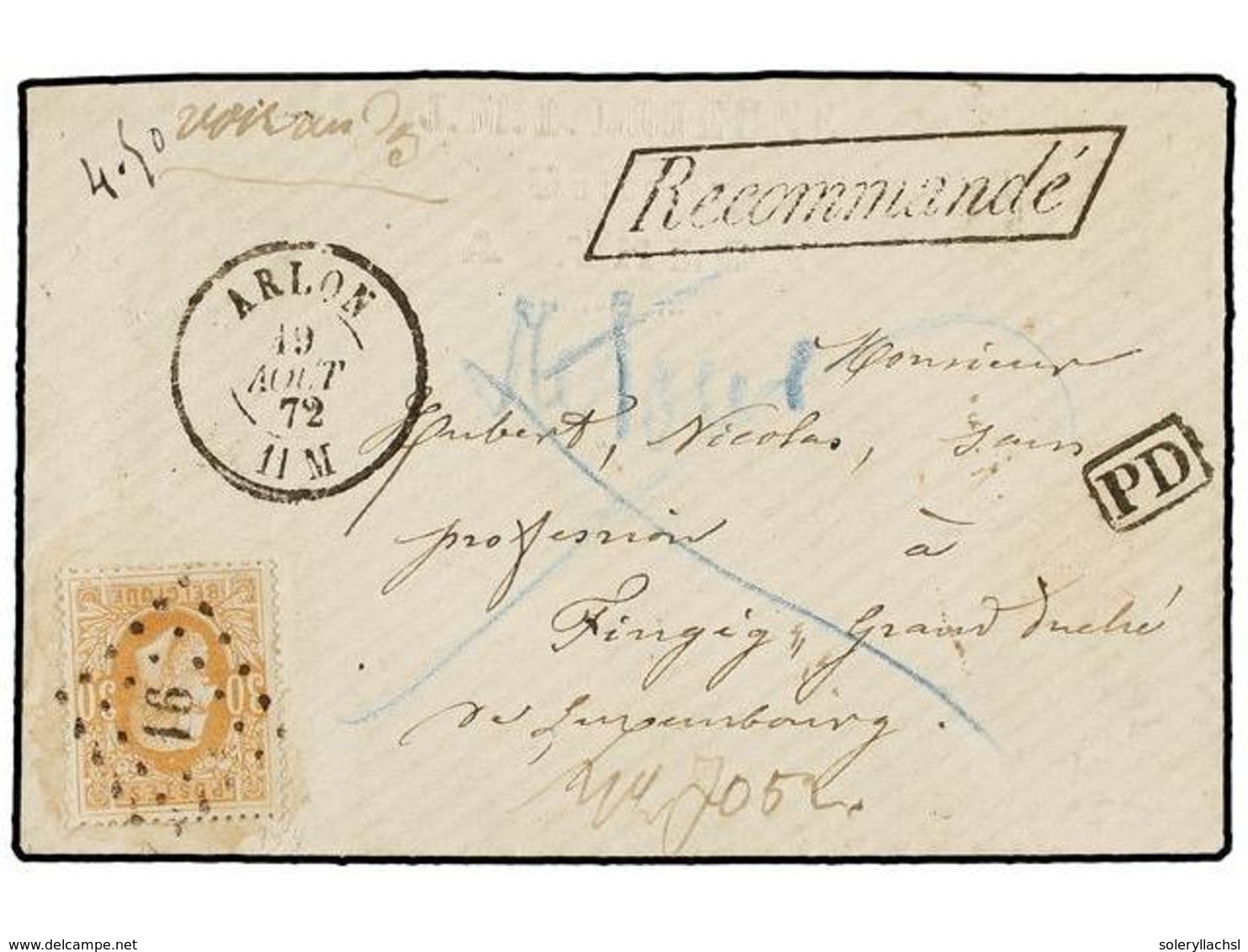 101 BELGICA. Of.33. 1872. ARLON To LUXEMBOURG. Envelope Franked With <B>30 Cts.</B> Ocre. <B>RECOMMANDE</B> Mark. Arriva - Andere & Zonder Classificatie
