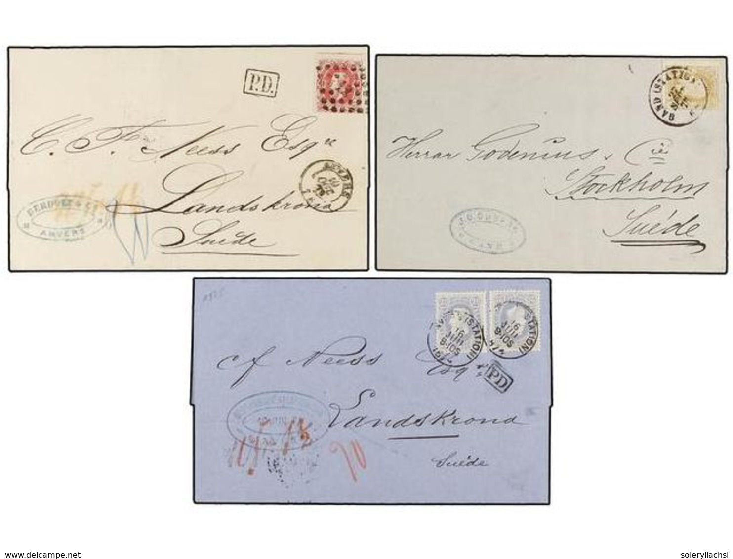 104 BELGICA. 1872-74. THREE Covers To SWEDEN With <B>25 Cts., 20+20 Cts.</B> And <B>40 Cts.</B> Frankings. - Sonstige & Ohne Zuordnung