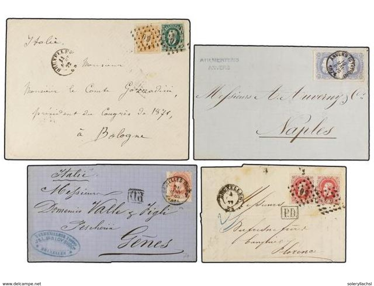 105 BELGICA. 1872-74. FOUR Covers To ITALY With <B>10+30 Cts., 20+20 Cts., 40 Cts.</B> And <B>40+40 Cts.</B> Franking. - Other & Unclassified