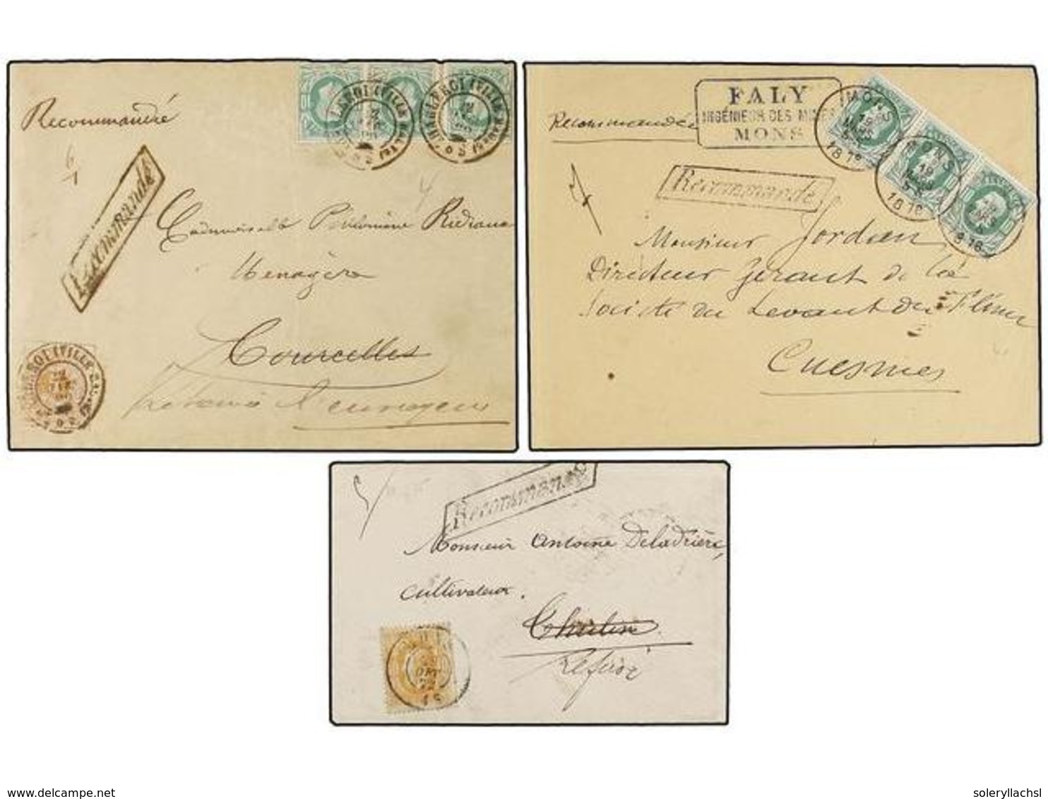 106 BELGICA. 1872-80. THREE Registered Covers With <B>30 Cts., 10+10+10 Cts.</B> And <B>5+10+10+10 Cts.</B> Frankings. - Autres & Non Classés