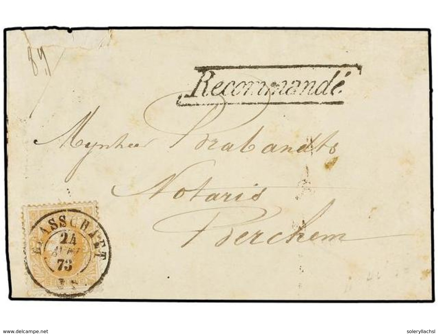 107 BELGICA. Of.33. 1873. BRASSCHAET To BERCHEM. Envelope Franked With <B>30 Cts.</B> Ocre Stamp. <B>RECOMMANDE</B> Mark - Andere & Zonder Classificatie