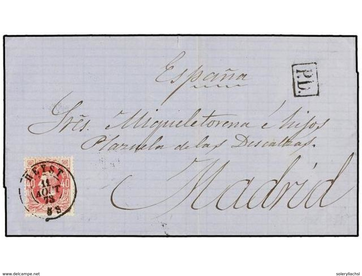 108 BELGICA. Of.34. 1873. HEYST To MADRID (Spain). Folded Letter Franked With <B>40 Cts.</B> Rose Stamp. Arrival Cds. On - Andere & Zonder Classificatie