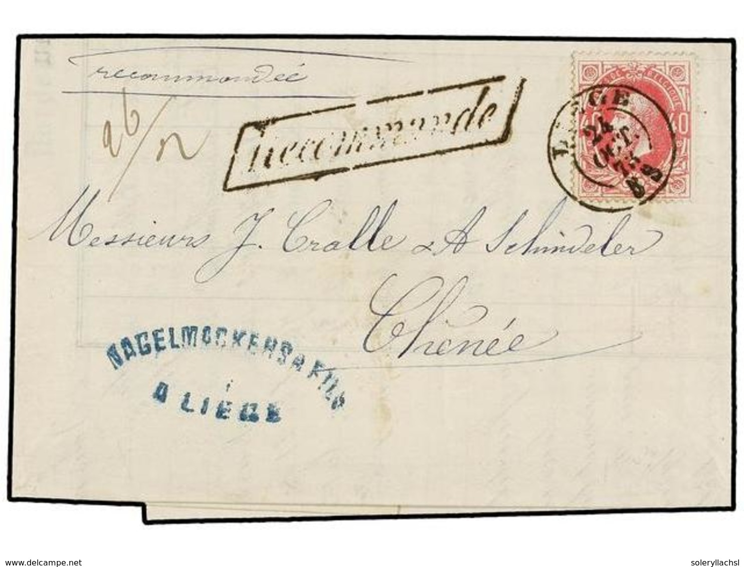 111 BELGICA. Of.34. 1873. LIEGE To CHENEE. Entire Letter Franked With <B>40 Cts.</B> Rose Stamp. <B>RECOMMANDE</B> Mark. - Sonstige & Ohne Zuordnung