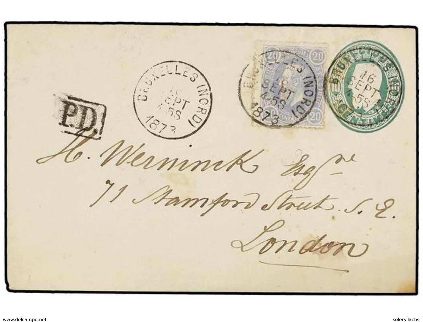 112 BELGICA. Of.31. 1873. BRUXELLES To LONDON. <B>10 Cts.</B> Green Postal Stationery Envelope Uprated With <B>20 Cts.</ - Sonstige & Ohne Zuordnung