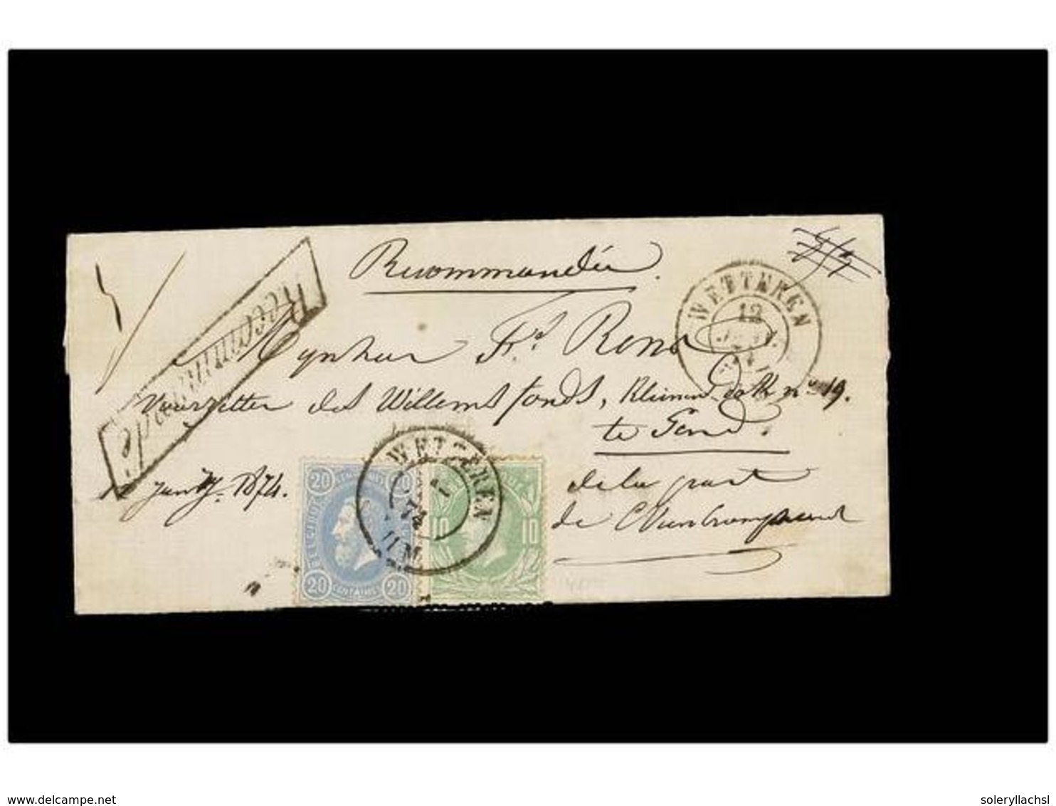 114 BELGICA. Of.30, 31. 1874. WETTEREN To GAND. Folded Letter Franked With <B>10 Cts.</B> Green And <B>20 Cts.</B> Blue. - Sonstige & Ohne Zuordnung